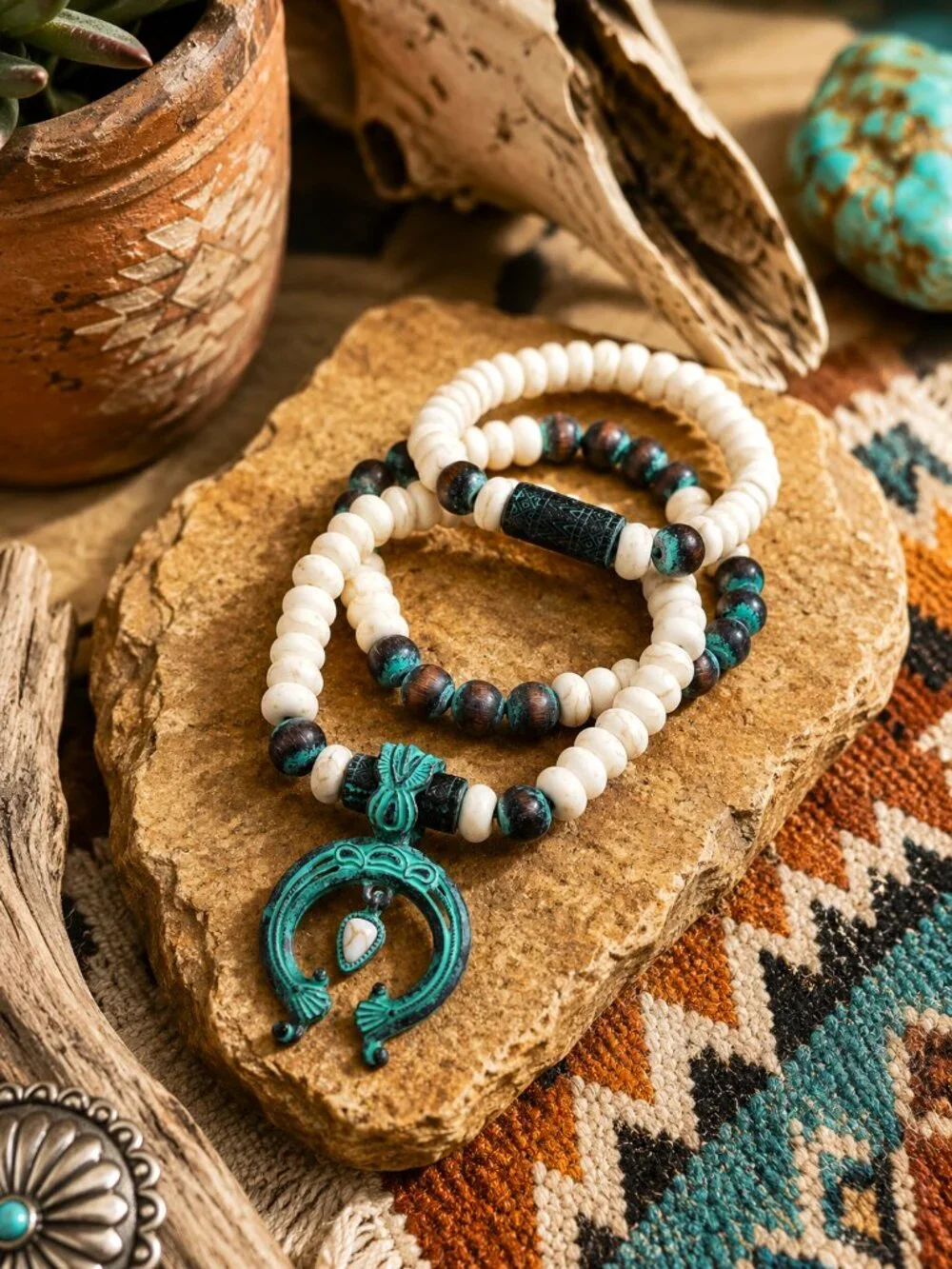 Southwestern Turquoise Patina Squash Blossom Beaded Bracelet Stack Set OSFM NWT